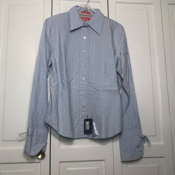 Faconnable Women's Dress Shirt M Blue White Striped Tie  Cuff Button Up Top - Picture 1 of 11